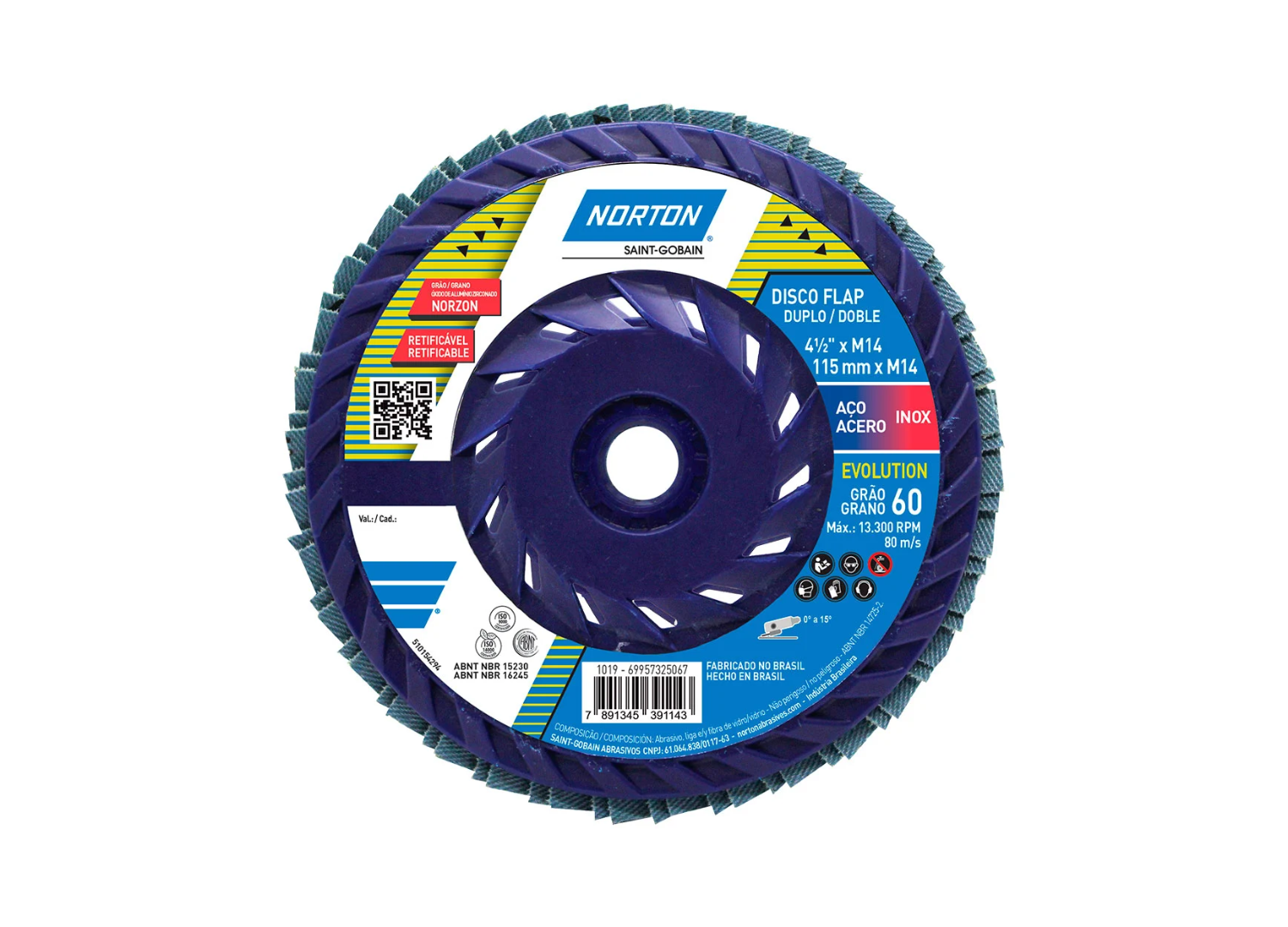 Disco Flap Norton R822 Grano 60 115x22 para metal e inoxidable